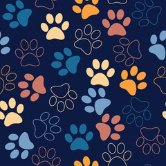 Vector seamless pattern with cat or dog footprints. Cute colorfu