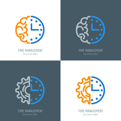 Time management and planning business concept. Vector logo or icons set. Linear brain, clock and gear cogs symbols. Abstract outline flat illustration, isolated on white and black backgrounds.