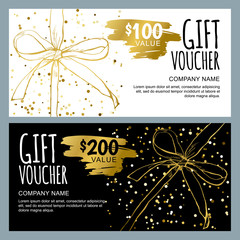 Vector gift voucher template with hand drawn bow ribbons. Golden, black and white doodle holiday cards. Design concept for gift coupon, invitation, certificate, flyer, banner, ticket.