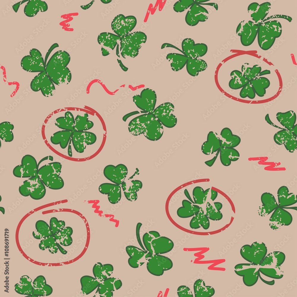 Wall mural St. Patrick's day seamless background with clovers. Vector illus