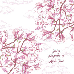 Obraz premium Background with magnolia and apple tree