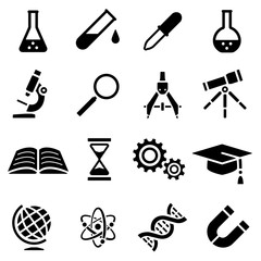 Vector illustration. Icon set of black silhouette of scientific tools in flat design. For info graphic, web banners, promotional materials, presentation templates