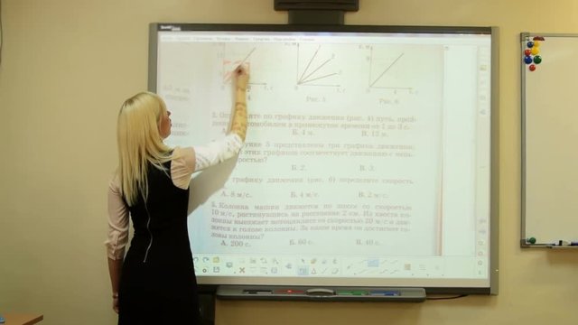 Young teacher working with interactive whiteboard
