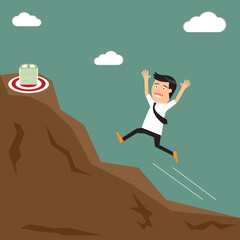 Businessman runs up the hill towards the target (money). vector