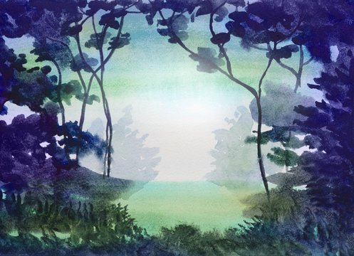 watercolor background with trees in the evening as a frame