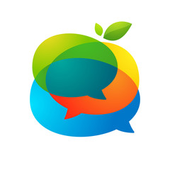 Speech bubble with green leaf logo.
