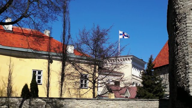 Flag of Finland waving above the embassy of Finland
