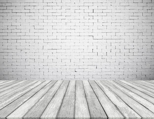 room interior with white brick wall and wooden floor 