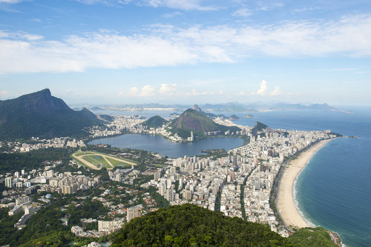 The scenic view of Ipanema Beach and Lagoa as viewed from the top of Dois Irmaos Two Brothers Mountain