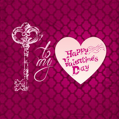 Vintage card with old key in grunge style, heart and calligraphi