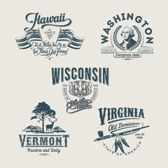Гавайи, вашингтон, Висконсин, Вермонт, Вирджиния, эмблемы штатов Америки на светлом фоне