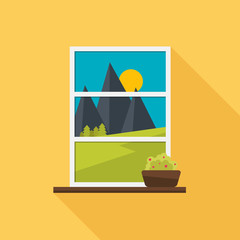 The window overlooking the landscape. Window with plant. Flat style vector illustration.