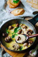 Melting mozzarella in pan with mushrooms, basil and garlic croutons