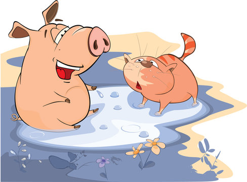  Illustration of A Pig and a Cat in a Puddle