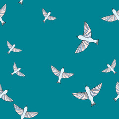 Seamless pattern with birds on blue background