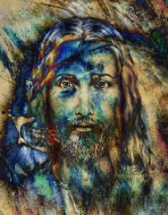 Fototapeta na wymiar painting of Jesus with a lion, on beautiful colorful background, eye contact and lion profile portrait.