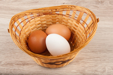 Different color eggs in wicker basket