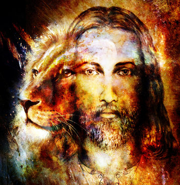 painting of Jesus with a lion, on beautiful colorful background with hint of space feeling, lion profile portrait.