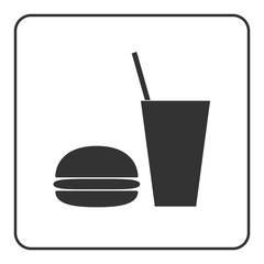 Food and drink icon. Fast nutrition hamburger, soda signs. Black silhouette burger, glass, isolated on white background. Symbol of eat, lunch, meal, beverage. Flat design element. Vector illustration