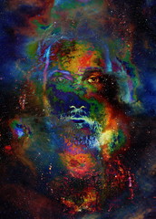 Jesus Christ painting with radiant colorful energy of light, eye contact.