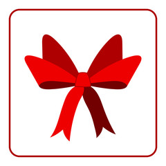 Red bow with ribbons icon. Flat design sign, isolated on white background. Decoration art object for christmas, present, holiday. Design element. Symbol of celebration, surprise. Vector illustration.