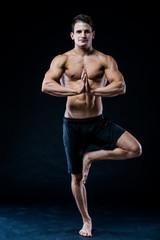 Fototapeta na wymiar Sporty fit young athlete sportswear working out, holding palms in Namaste gesture, studio black background