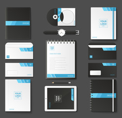 Corporate identity template set. Business stationery mock-up with logo. Branding design. Notebook, card, catalog, pen, pencil, badge, tablet pc, mobile phone, letterhead.