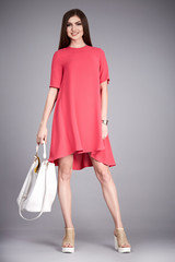 Catalog of fashion clothes for business woman mom casual office style meeting walk party silk cotton dress summer collection accessory shoes beautiful model long brunette hair natural make up  bag