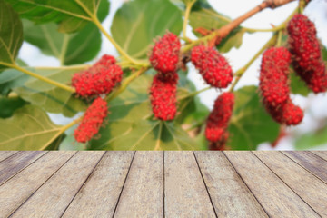 wood table with red mulberries background