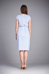 Catalog of fashion clothes for business woman mom casual office style meeting walk party silk cotton dress summer collection accessory shoes beautiful model long brunette hair natural make up  back