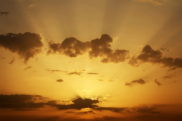 Beautiful Sunset with sun rays. Sunset sky background