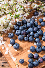 blueberries on wooden table. Blueberry antioxidant. Concept for healthy eating and nutrition
