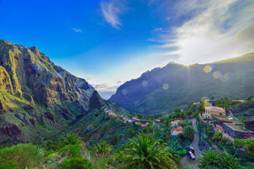 Landscape view of mountain peaks and Masca village highland at sunset in Tenerife island, Europe