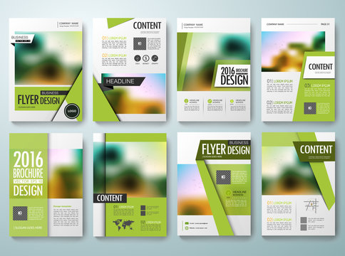 Set of flyers design template vector. Brochures annual reports magazine poster. Leaflet cover book presentation with abstract blur background. Layout in A4 size and green flat background.illustration.