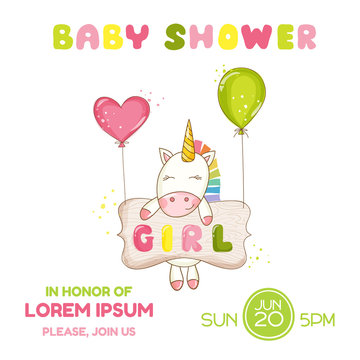 Baby Shower or Arrival Card - Baby Unicorn Girl - in vector © wooster