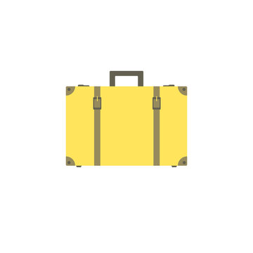 Yellow suitcase with buckles and straps isolated on white background. Suitcase for travel and business trips.