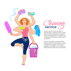 Cleaning services. The cleaner with a mop. Cleaning homes and offices. Cheerful girl with a bucket. She will purify all.  illustration