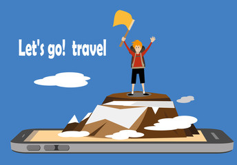 male hiker standing on top of a mountain and waving flag on a smartphone mobile screen. travel adventure concept vector