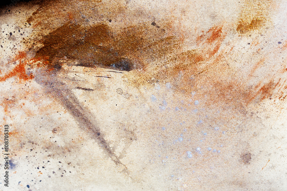 Poster abstract painting with blurry and stained structure. metal rust effect with glitter grains. painting