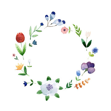 Wreath border frame with summer herbs and flowers. Watercolor vector.
