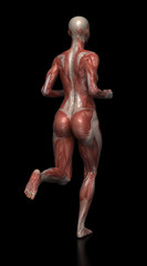 Running woman with visible muscles on black