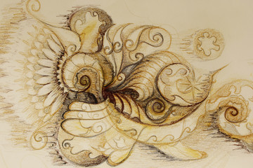 ornamental filigran drawing on paper with spirals, flower petals and flame structure pattern.