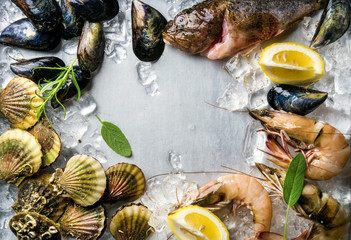 Fresh seafood with herbs and lemon on ice. Prawns, fish, mussels, scallops over steel metal background. Top view, copy space