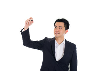 male writing something on glass board with marker