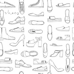 Hand drawn sketch seamless pattern of Shoes - running shoes sneakers, boots, ballet flats, flip flops, tractor sole shoes, loafer with lettering. Coloring book