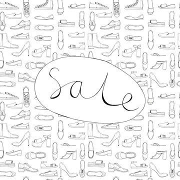 Hand drawn sketch seamless pattern of Shoes - running shoes sneakers, boots, ballet flats, flip flops, tractor sole shoes, loafer with lettering Sale