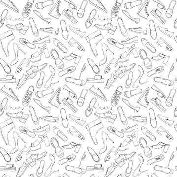 Hand drawn sketch seamless pattern of Shoes - running shoes sneakers, boots, ballet flats, flip flops, tractor sole shoes, loafer with lettering. Coloring book
