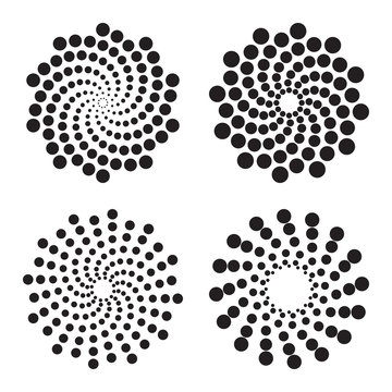Halftone circles of dots, twisted spirals. Design elements. Vector illustration