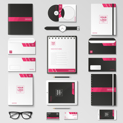 Corporate identity template set. Business stationery mock-up with logo. Branding design. Notebook, card, catalog, pen, pencil, badge, tablet pc, mobile phone, letterhead.