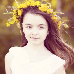 Beautiful little girl, outdoor, color bouquet flowers, bright sunny summer day  park meadow smiling happy enjoying life, schoolgirl, natural beauty